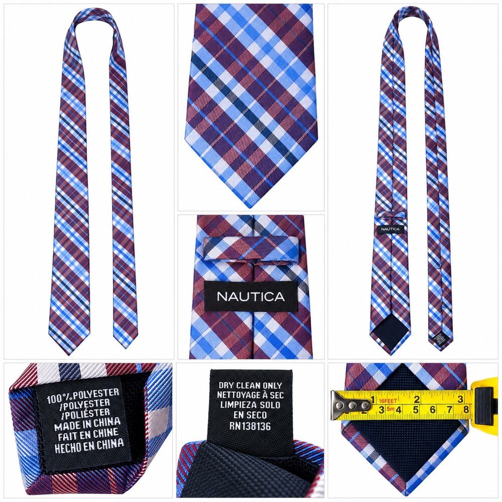 Nautica Men’s Plaid Necktie Blue Burgundy White Classic Preppy Tie